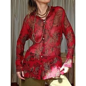 Vintage 100% Silk Red Printed Blouse Semi Sheer Button Up Shirt Hooded Top 90s